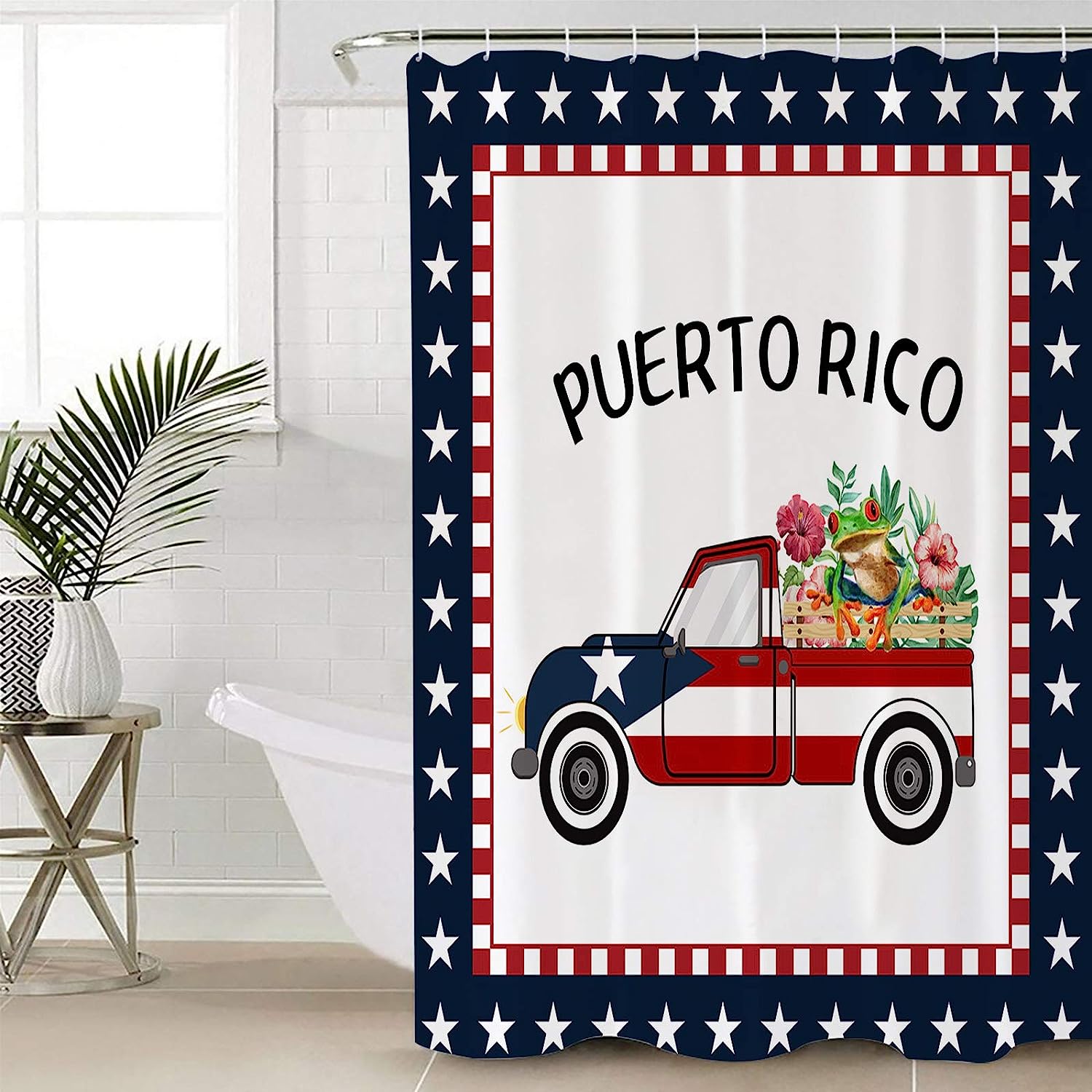 Waterproof Truck with Red Flower Frog Shower Curtain, Bathroom Decor