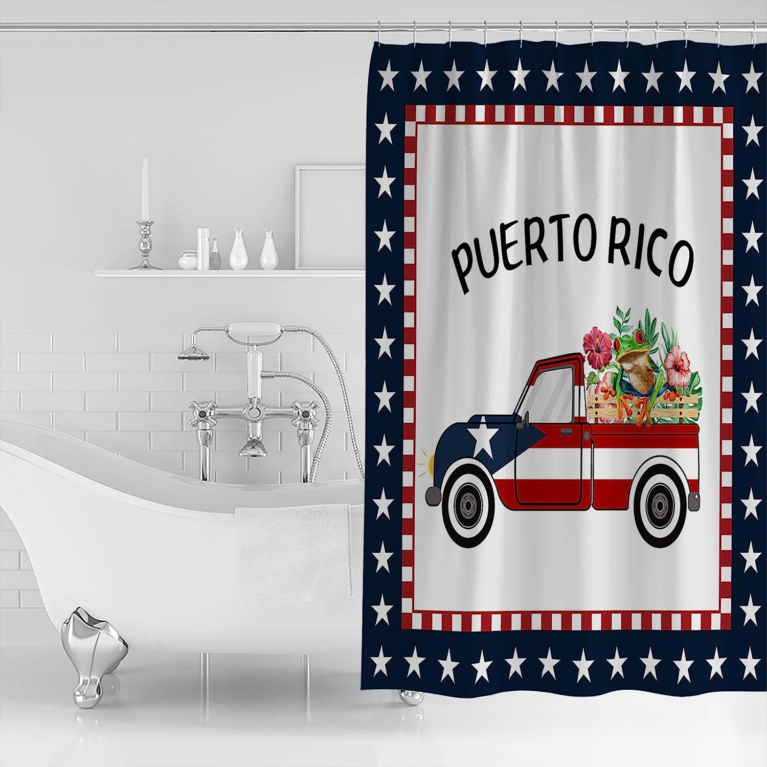 Waterproof Truck with Red Flower Frog Shower Curtain, Bathroom Decor