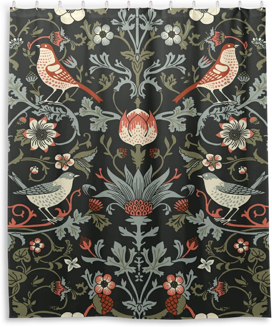 Waterproof William Morris Flowers Birds Dark Shower Curtain - Vintage Bathroom Decor