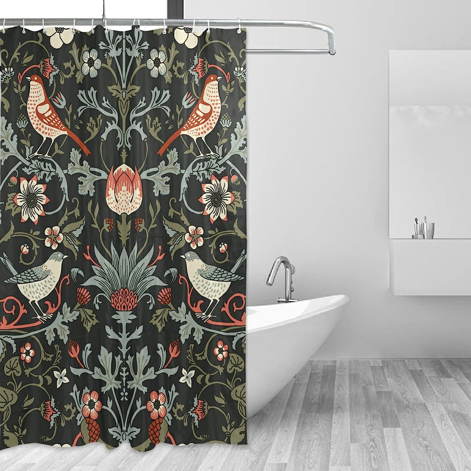 Waterproof William Morris Flowers Birds Dark Shower Curtain - Vintage Bathroom Decor