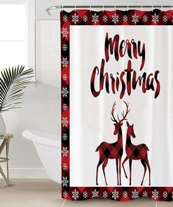 Water-resistant TERSUGER Christmas Fabric Shower curtain with Moose Elk Deer Red Plaid Pattern for Decorative Bathroom