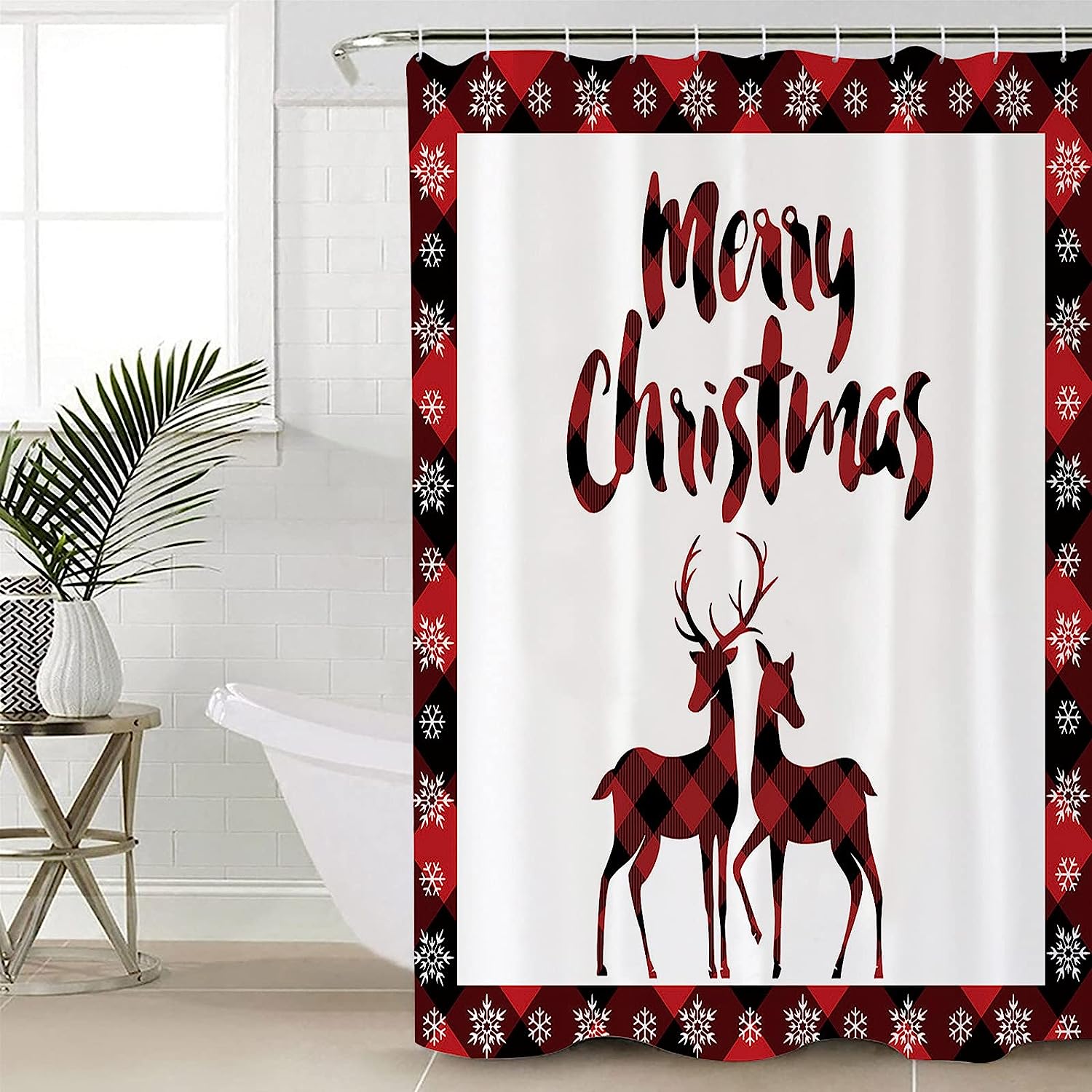 Water-resistant TERSUGER Christmas Fabric Shower curtain with Moose Elk Deer Red Plaid Pattern for Decorative Bathroom