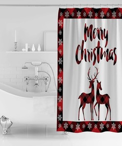 Water-resistant TERSUGER Christmas Fabric Shower curtain with Moose Elk Deer Red Plaid Pattern for Decorative Bathroom