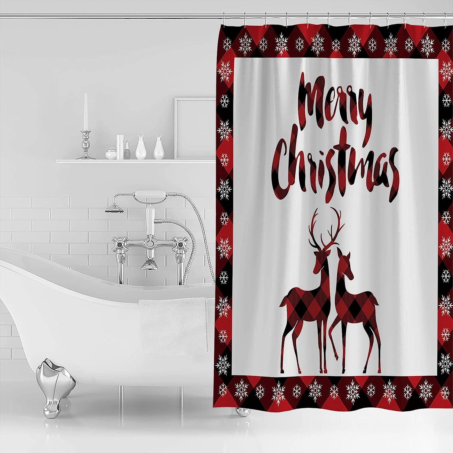 Water-resistant TERSUGER Christmas Fabric Shower curtain with Moose Elk Deer Red Plaid Pattern for Decorative Bathroom