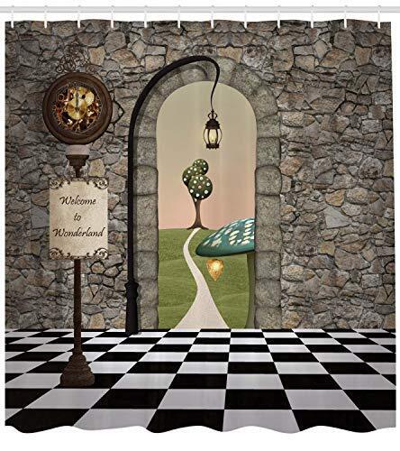 Welcome Wonderland Black And White Floor Landscape Mushroom Print Shower Curtain - Image 2