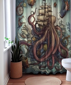 Welcome to the Kraken's Lair Nautical Shower Curtain, perfect Housewarming Gift with Octopus and Sailboat Theme