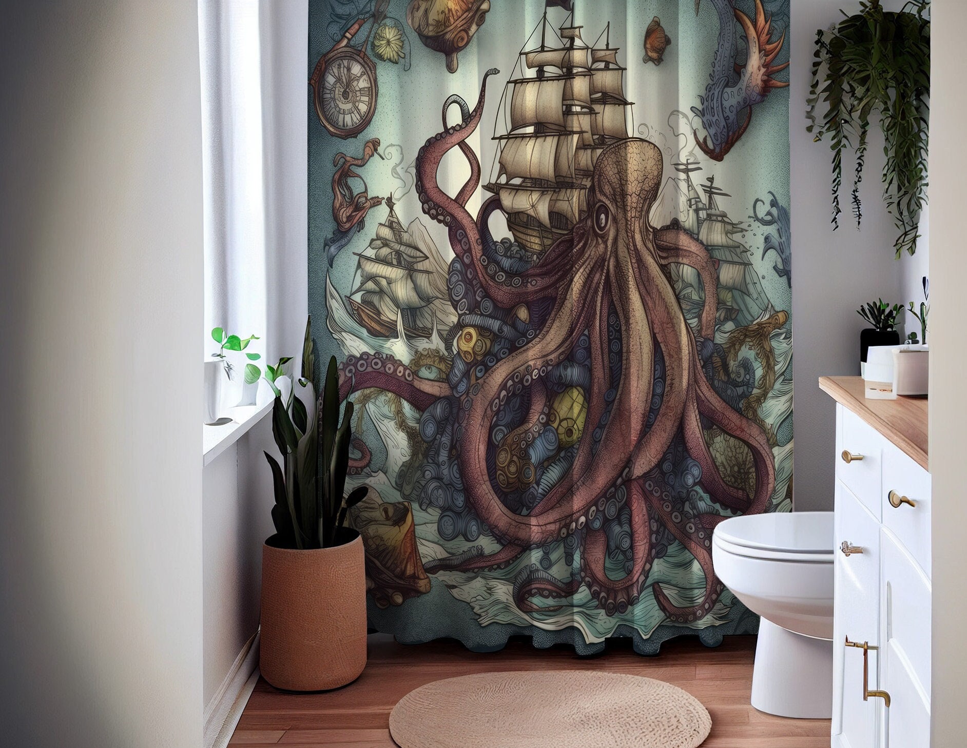 Welcome to the Kraken's Lair Nautical Shower Curtain, perfect Housewarming Gift with Octopus and Sailboat Theme