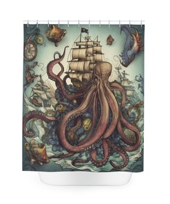 Welcome to the Kraken's Lair Nautical Shower Curtain, perfect Housewarming Gift with Octopus and Sailboat Theme