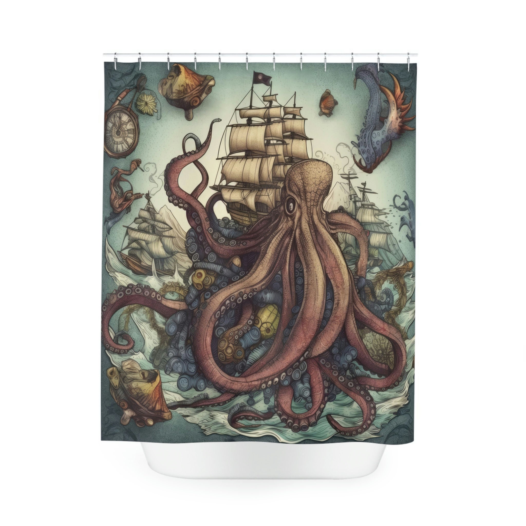 Welcome to the Kraken's Lair Nautical Shower Curtain, perfect Housewarming Gift with Octopus and Sailboat Theme