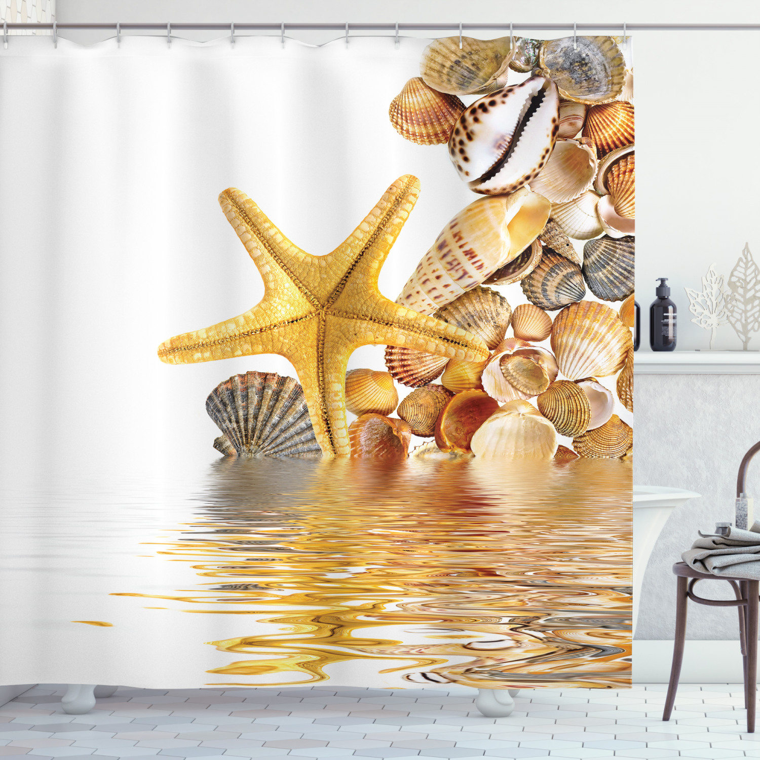 Wellness Spa Beach Themed Decor Image Shower Curtain with Shells and Starfish for a Relaxing Bathroom Atmosphere