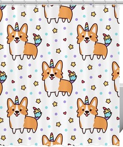 Welsh Corgi Unicorn Star Heart Shower Curtain - Decorative Bathroom Accessory with Unique Shower Curtains