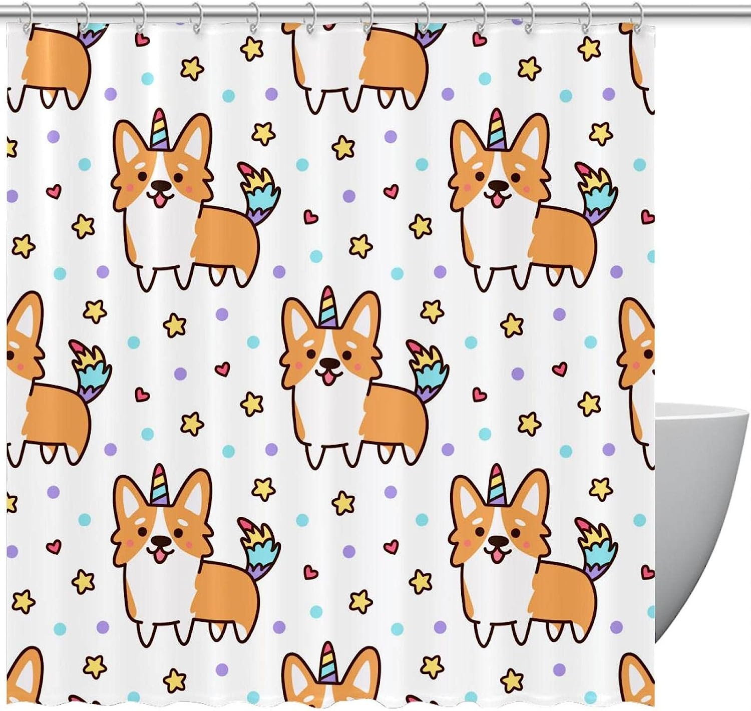 Welsh Corgi Unicorn Star Heart Shower Curtain - Decorative Bathroom Accessory with Unique Shower Curtains