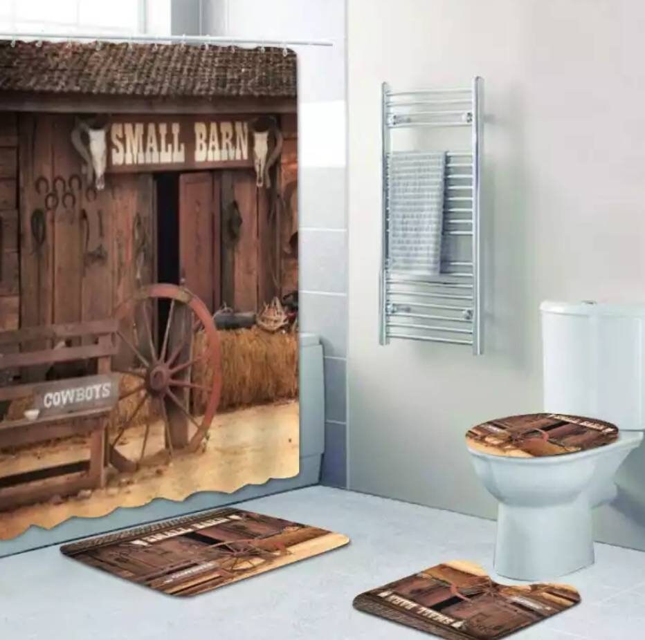 Western Barn Shower and Bath Curtain Set - Invigorating Cowboy Country-Style Bathroom Accents