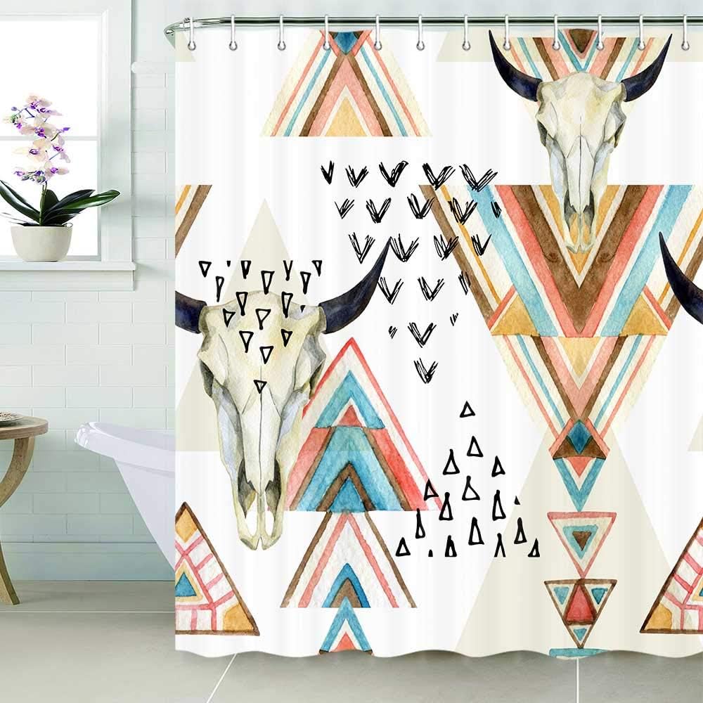 Western Boho Shower Curtain with Southwestern Tribal Bull Skull and Geometric Pattern