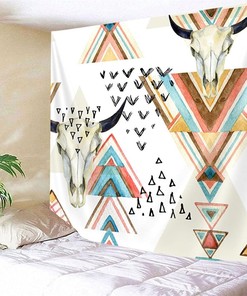 Western Boho Shower Curtain with Southwestern Tribal Bull Skull and Geometric Pattern