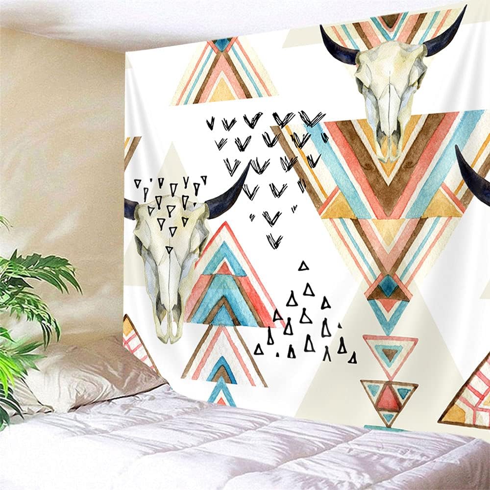 Western Boho Shower Curtain with Southwestern Tribal Bull Skull and Geometric Pattern