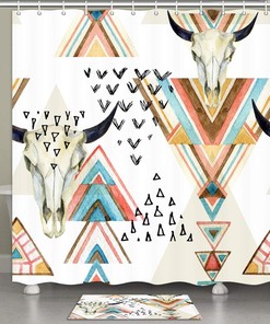 Western Boho Shower Curtain with Southwestern Tribal Bull Skull and Geometric Pattern