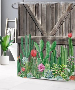 Western Cactus Shower Curtain, Tropical Flower Succulents Wooden Board Southwest Plant Bathroom Decor - Ecotob