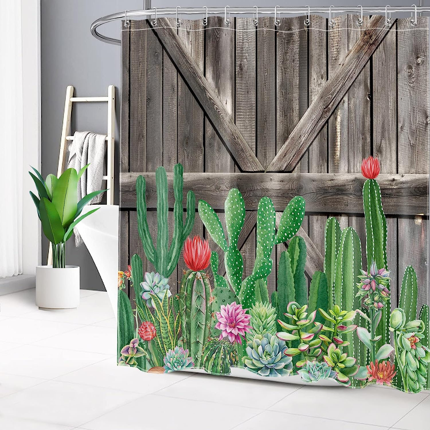 Western Cactus Shower Curtain, Tropical Flower Succulents Wooden Board Southwest Plant Bathroom Decor - Ecotob