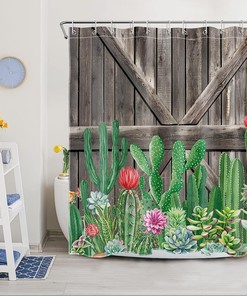 Western Cactus Shower Curtain, Tropical Flower Succulents Wooden Board Southwest Plant Bathroom Decor - Ecotob
