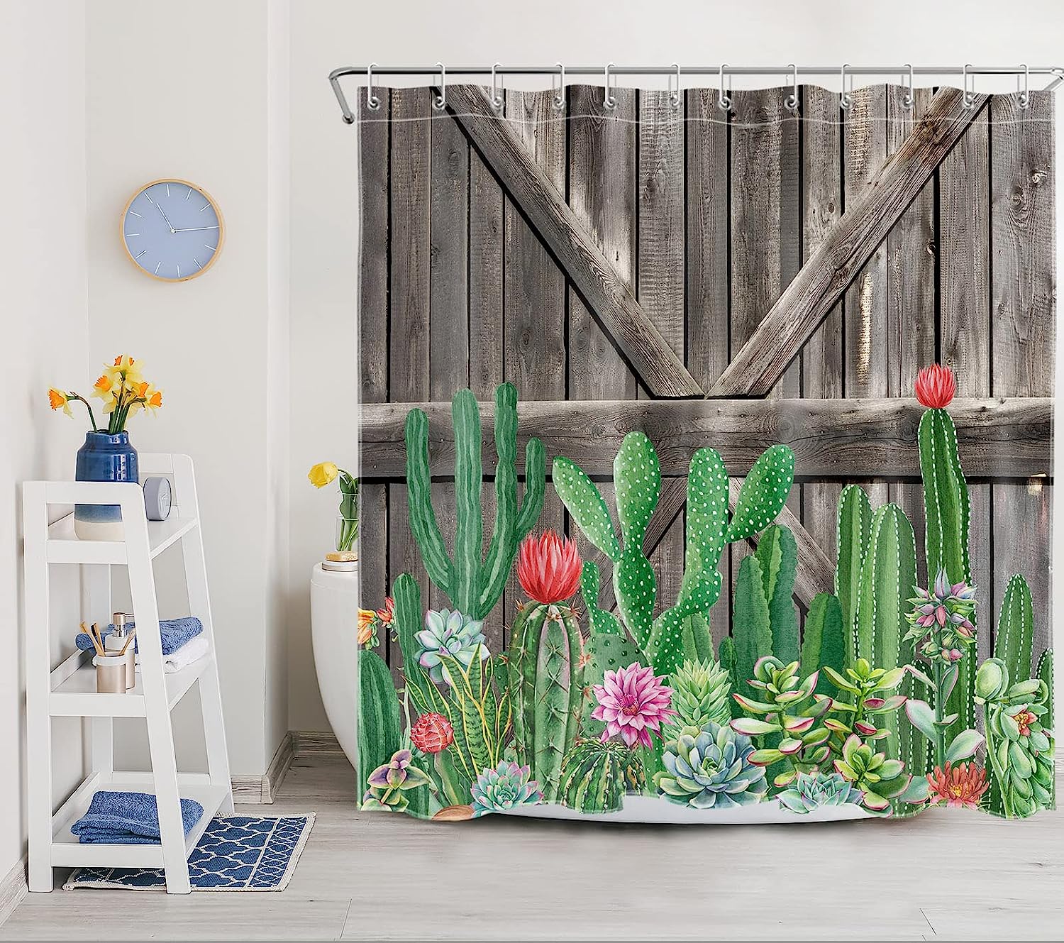 Western Cactus Shower Curtain, Tropical Flower Succulents Wooden Board Southwest Plant Bathroom Decor - Ecotob