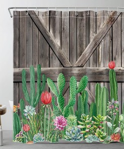 Western Cactus Shower Curtain, Tropical Flower Succulents Wooden Board Southwest Plant Bathroom Decor - Ecotob