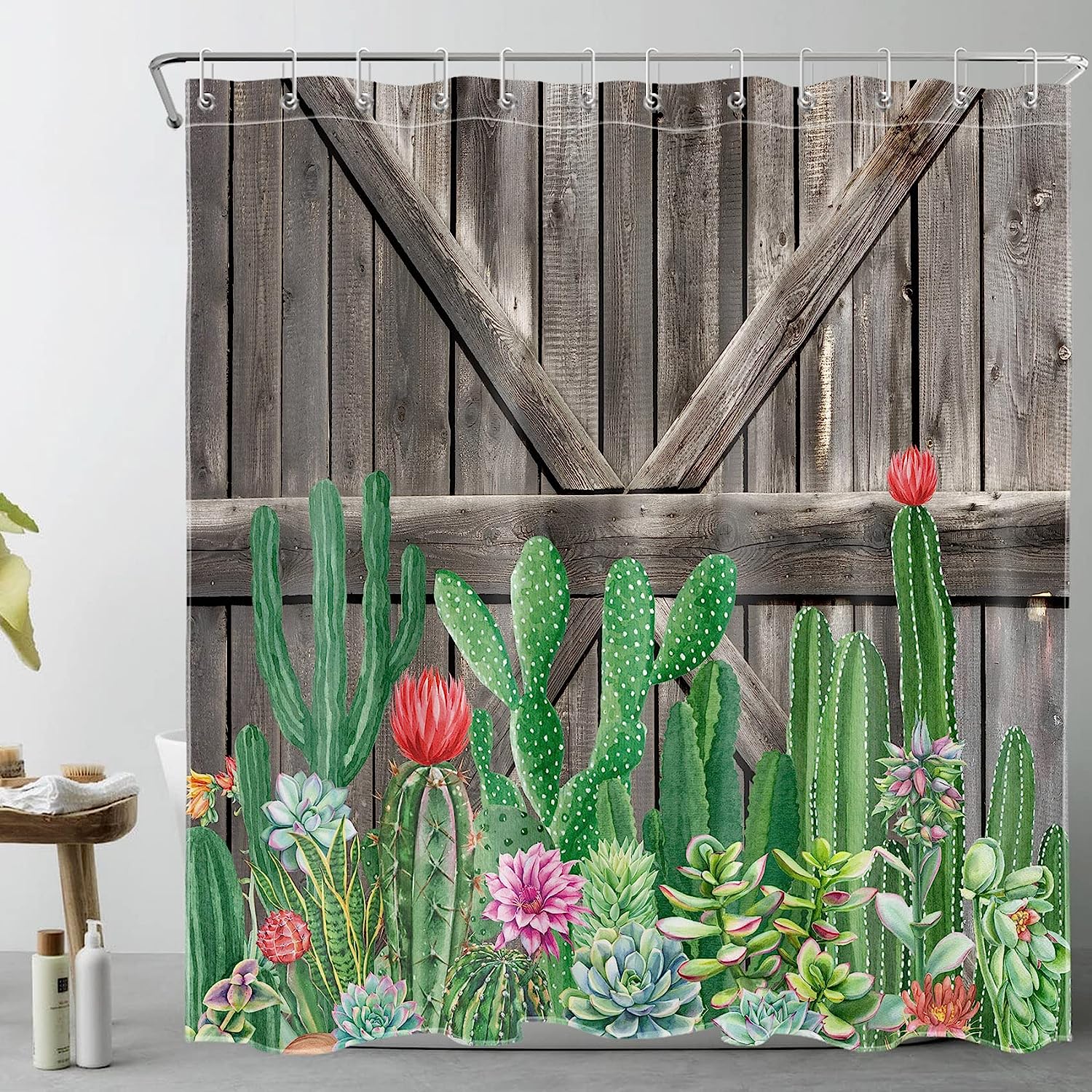 Western Cactus Shower Curtain, Tropical Flower Succulents Wooden Board Southwest Plant Bathroom Decor - Ecotob