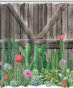 Western Cactus Shower Curtain, Tropical Flower Succulents Wooden Board Southwest Plant Bathroom Decor - Ecotob