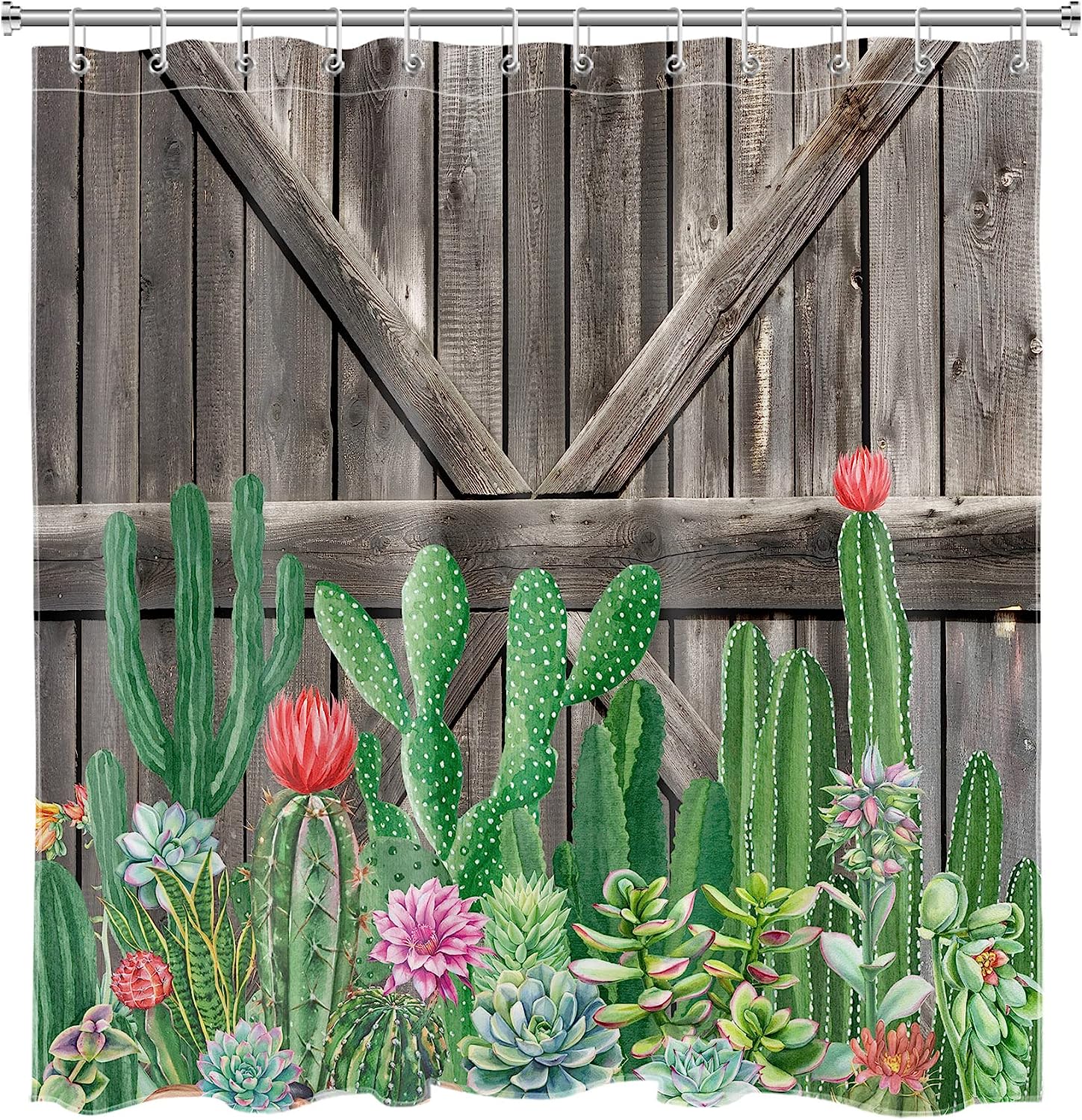 Western Cactus Shower Curtain, Tropical Flower Succulents Wooden Board Southwest Plant Bathroom Decor - Ecotob