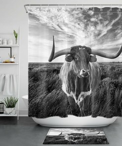 Western Cow Wildlife Horn Print Shower Curtain, Bring Nature Indoors for Your Bathroom