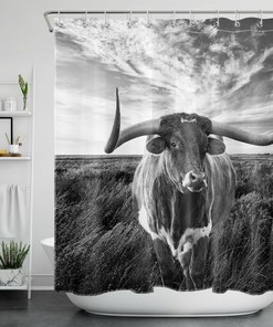 Western Cow Wildlife Horn Print Shower Curtain, Bring Nature Indoors for Your Bathroom