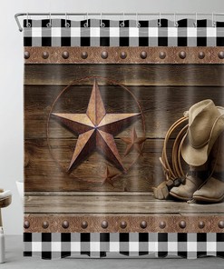Western Cowboy Bathroom Dcor Shower Curtain with Black and White Plaid Design & Vintage Texas Star