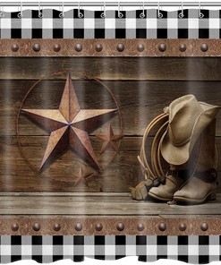 Western Cowboy Bathroom Dcor Shower Curtain with Black and White Plaid Design & Vintage Texas Star