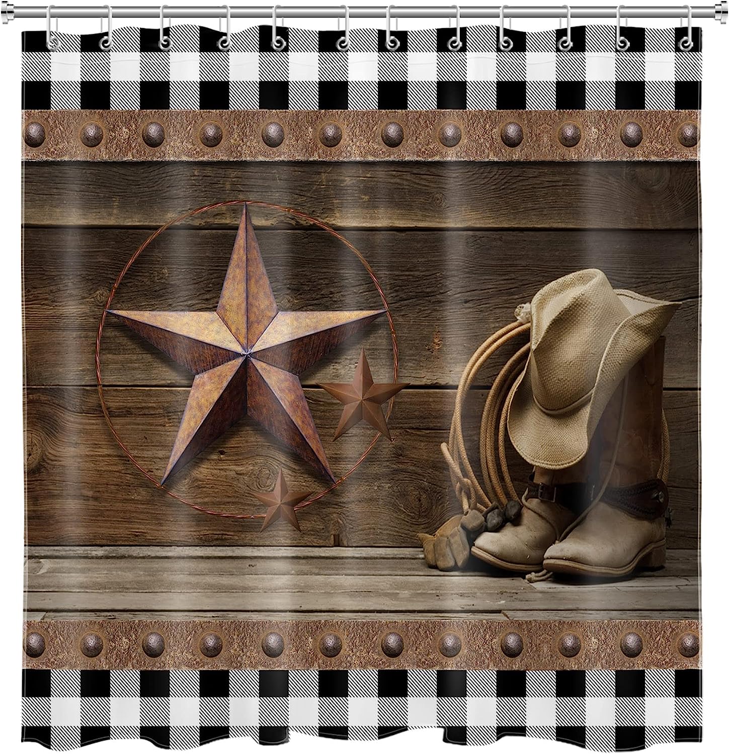 Western Cowboy Bathroom Dcor Shower Curtain with Black and White Plaid Design & Vintage Texas Star
