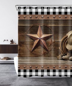Western Cowboy Bathroom Dcor Shower Curtain with Black and White Plaid Design & Vintage Texas Star