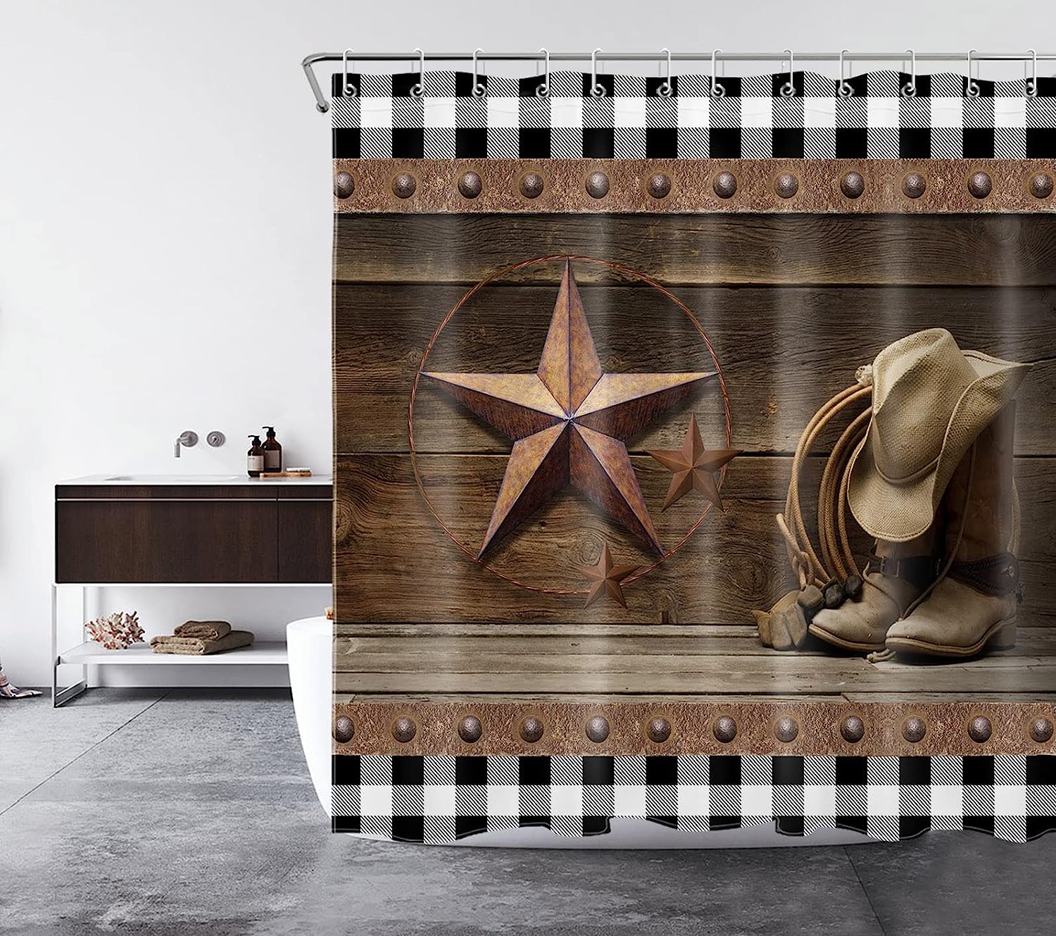 Western Cowboy Bathroom Dcor Shower Curtain with Black and White Plaid Design & Vintage Texas Star