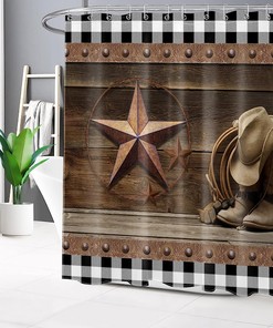 Western Cowboy Bathroom Dcor Shower Curtain with Black and White Plaid Design & Vintage Texas Star