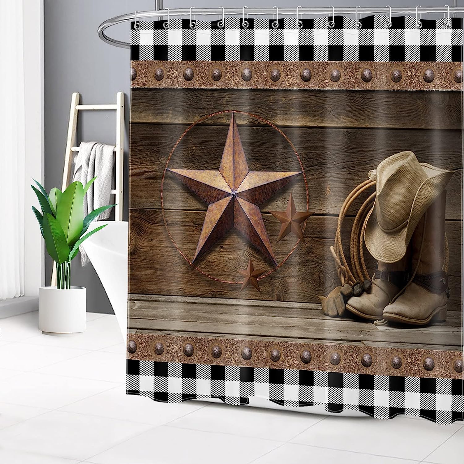 Western Cowboy Bathroom Dcor Shower Curtain with Black and White Plaid Design & Vintage Texas Star