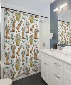 Western Cowboy Boot and Plant Patterned Shower Curtain for Bathroom Decor