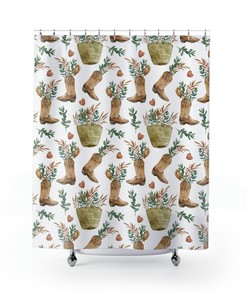 Western Cowboy Boot and Plant Patterned Shower Curtain for Bathroom Decor