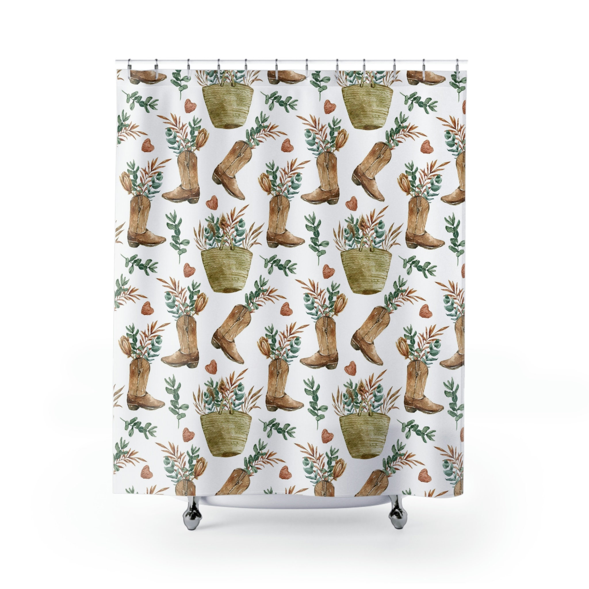Western Cowboy Boot and Plant Patterned Shower Curtain for Bathroom Decor