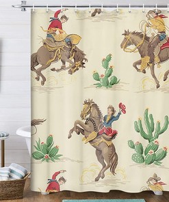 Western Cowboy Riding Horse Shower Curtain for Bathroom, Farmhouse Rustic Desert Cactus Decor 1Hooks