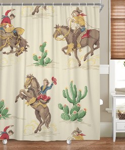 Western Cowboy Riding Horse Shower Curtain for Bathroom, Farmhouse Rustic Desert Cactus Decor 1Hooks