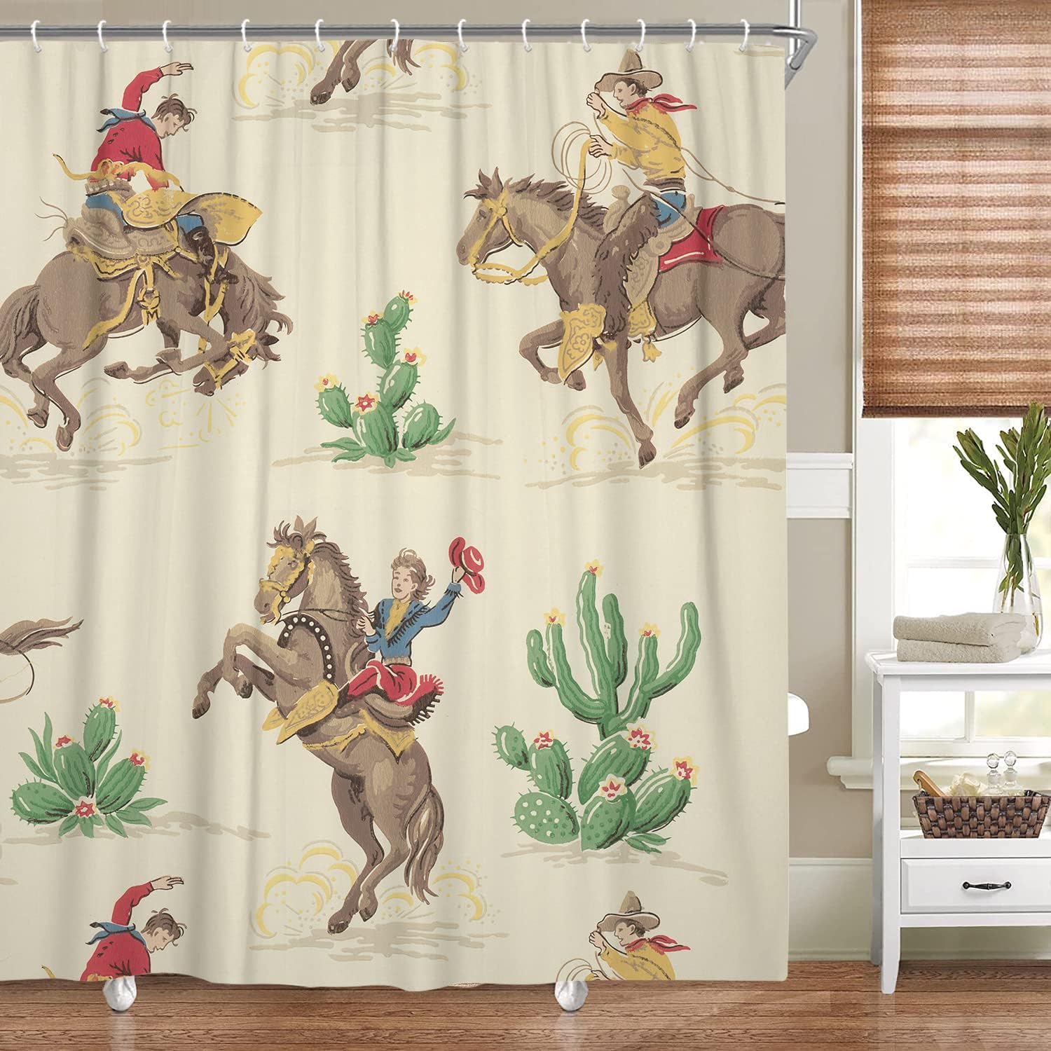 Western Cowboy Riding Horse Shower Curtain for Bathroom, Farmhouse Rustic Desert Cactus Decor 1Hooks