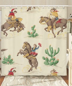 Western Cowboy Riding Horse Shower Curtain for Bathroom, Farmhouse Rustic Desert Cactus Decor 1Hooks
