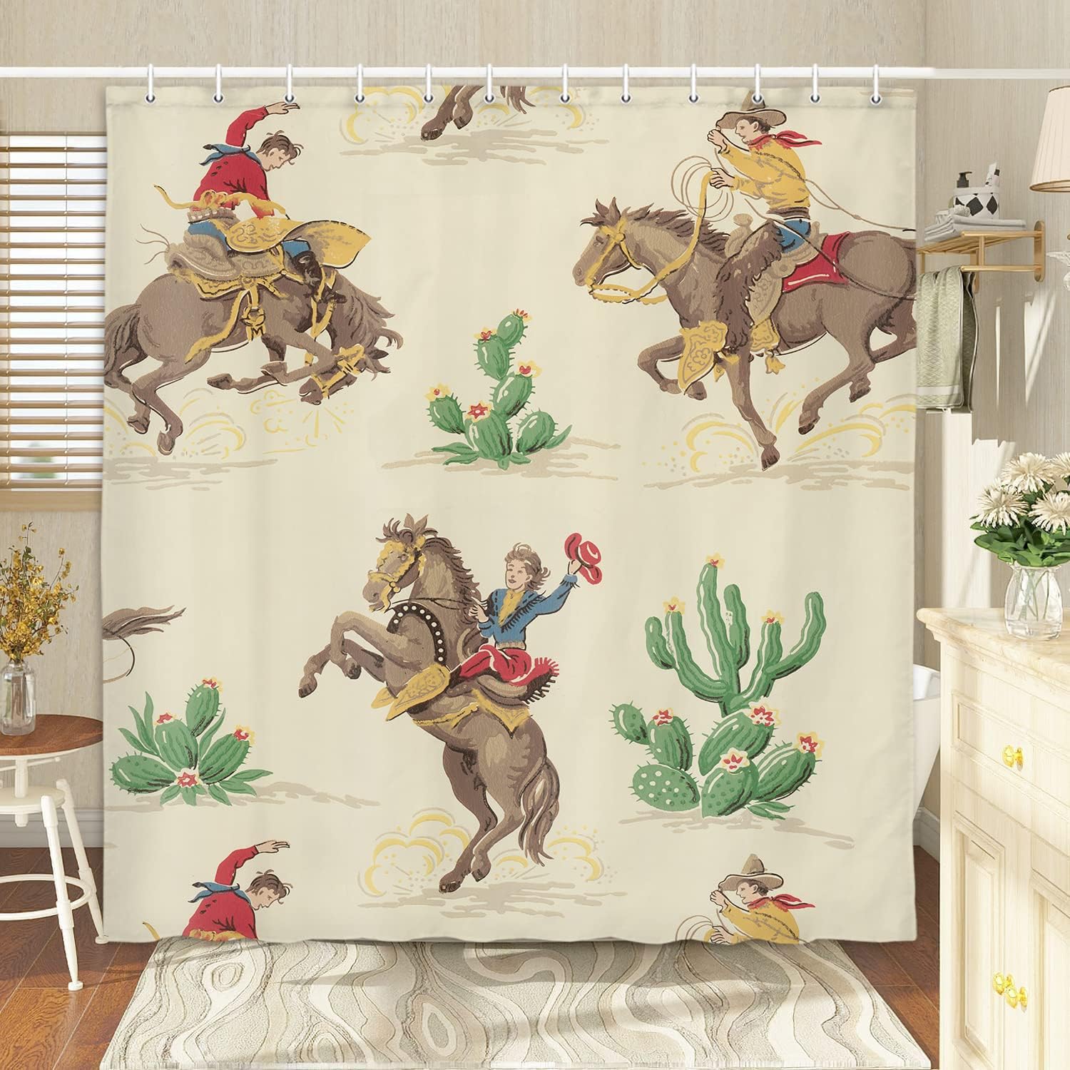Western Cowboy Riding Horse Shower Curtain for Bathroom, Farmhouse Rustic Desert Cactus Decor 1Hooks