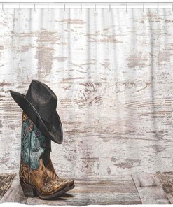 Western Cowboy Shower Curtain | Traditional Rodeo Hat And Boots Bathroom Decor