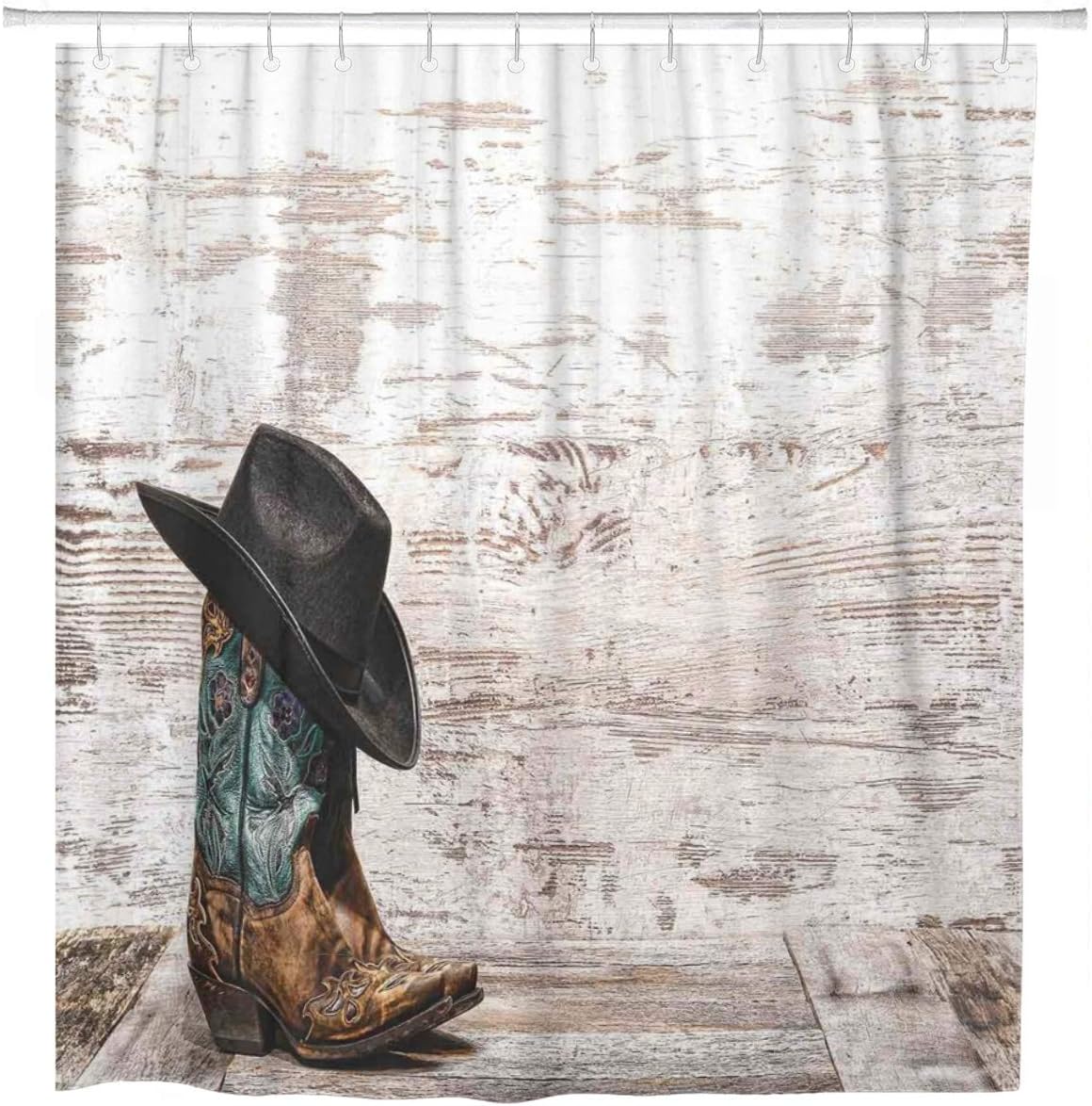Western Cowboy Shower Curtain | Traditional Rodeo Hat And Boots Bathroom Decor