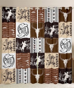 Western Cowboy Window Drapes with Bull Skull and Horse Print.