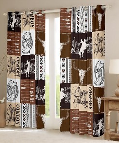 Western Cowboy Window Drapes with Bull Skull and Horse Print.